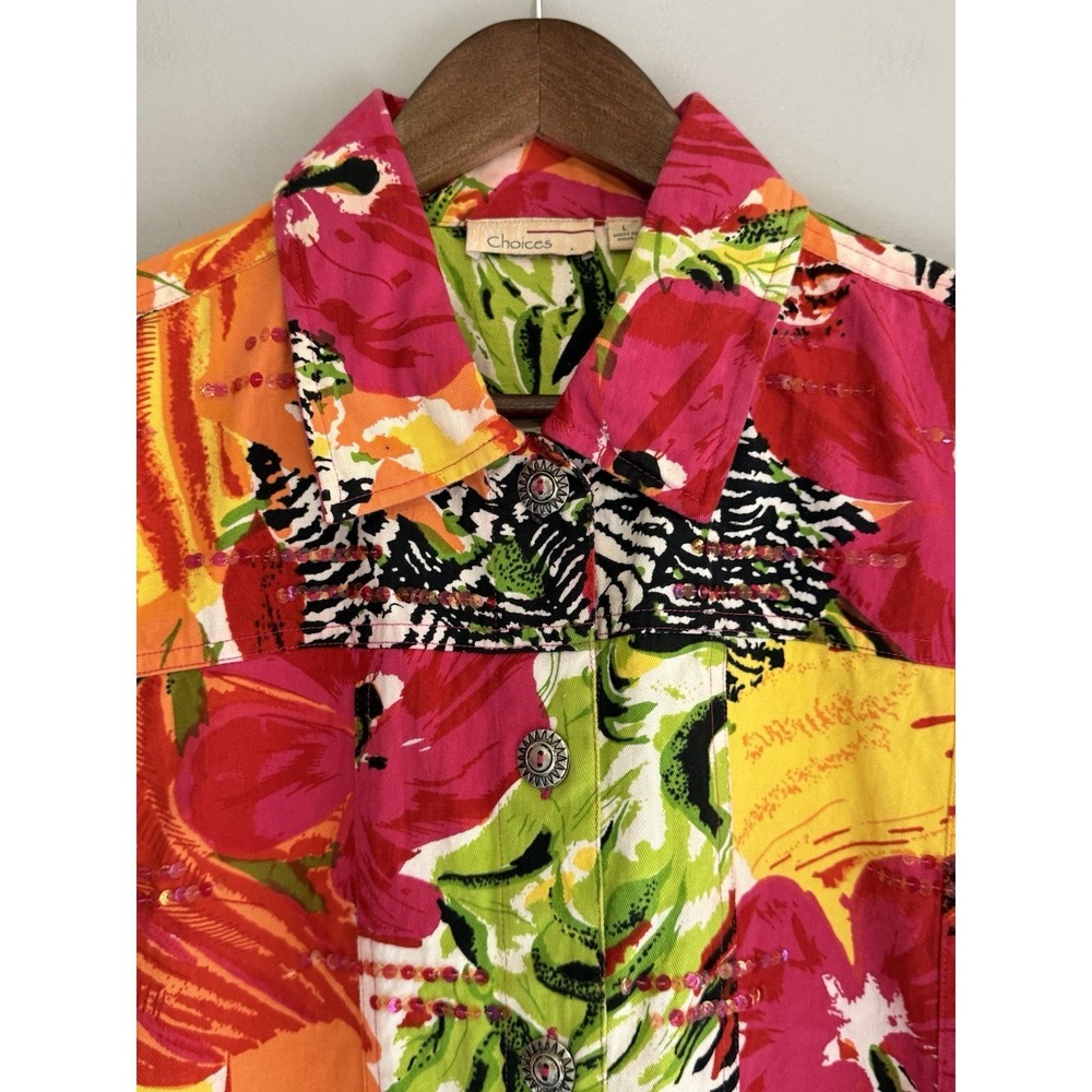 Choices Patchwork Jacket‎ Top Cardigan Floral Tropical Sequin Zebra Button Large - Picture 8 of 16